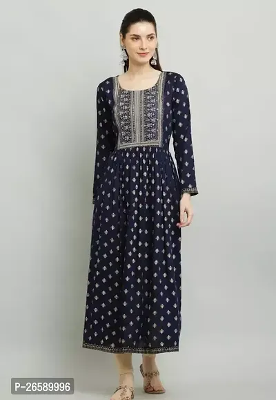 Stylish Navy Blue Rayon Embroidered Maxi Dress For Women