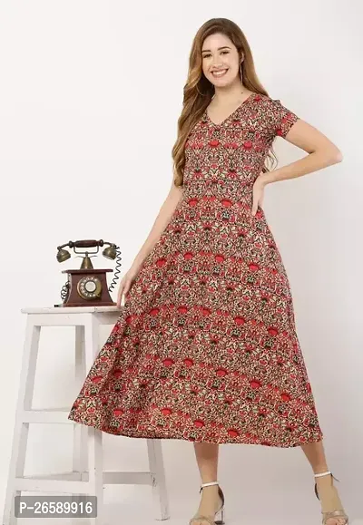 Stylish Red Rayon Printed A-Line Dress For Women