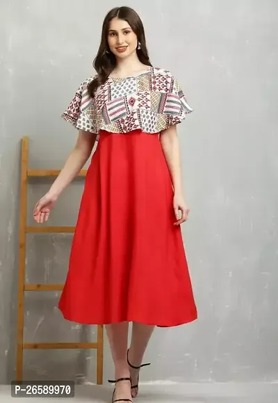 Stylish Red Crepe Self Design A-Line Dress For Women-thumb0