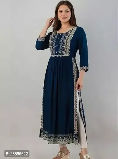 Stylish Navy Blue Rayon Embroidered Maxi Dress For Women