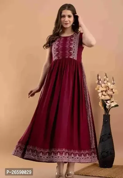 Stylish Maroon Rayon Embroidered Maxi Dress For Women-thumb0