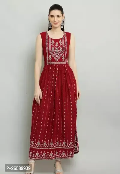 Stylish Red Rayon Embroidered A-Line Dress For Women