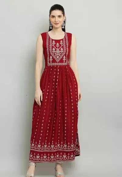 Stylish Rayon Embroidered A-Line Dress For Women