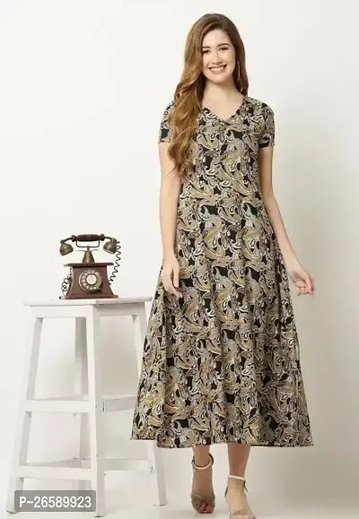 Stylish Beige Rayon Printed A-Line Dress For Women