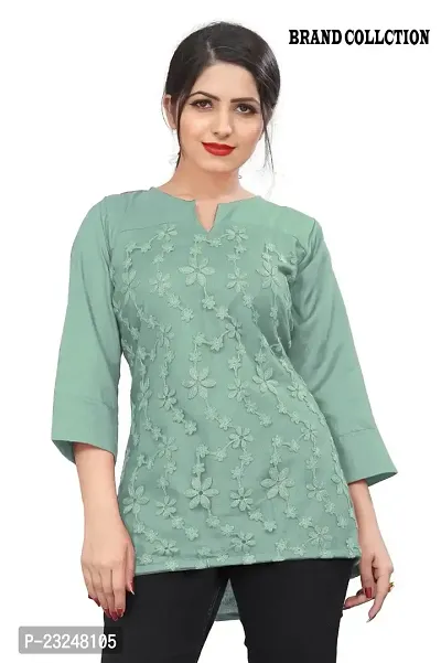Citron Women's Slub Cotton Western Style Short Sleeve Lightweight Breathable Embroidered Tunic Top (TUNIC-Mint Green -L)-thumb2
