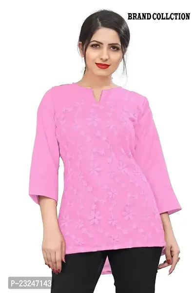 Citron Women's Slub Cotton Western Style Short Sleeve Lightweight Breathable Embroidered Tunic Top (TUNIC-Pink -L)-thumb4