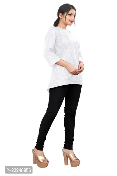 Citron Women's Slub Cotton Western Style Short Sleeve Lightweight Breathable Embroidered Tunic Top (TUNIC-White -M)-thumb2