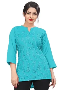 Citron Women's Slub Cotton Western Style Short Sleeve Lightweight Breathable Embroidered Tunic Top (TUNIC-Sky Blue -S)-thumb2