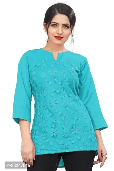 Citron Women's Slub Cotton Western Style Short Sleeve Lightweight Breathable Embroidered Tunic Top (TUNIC-Sky Blue -S)-thumb3