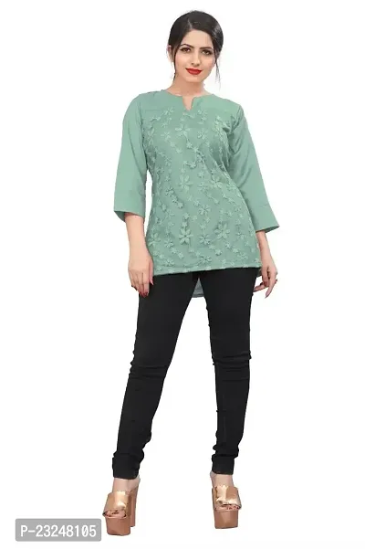 Citron Women's Slub Cotton Western Style Short Sleeve Lightweight Breathable Embroidered Tunic Top (TUNIC-Mint Green -L)