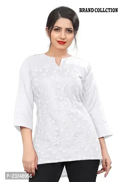 Citron Women's Slub Cotton Western Style Short Sleeve Lightweight Breathable Embroidered Tunic Top (TUNIC-White -M)-thumb4