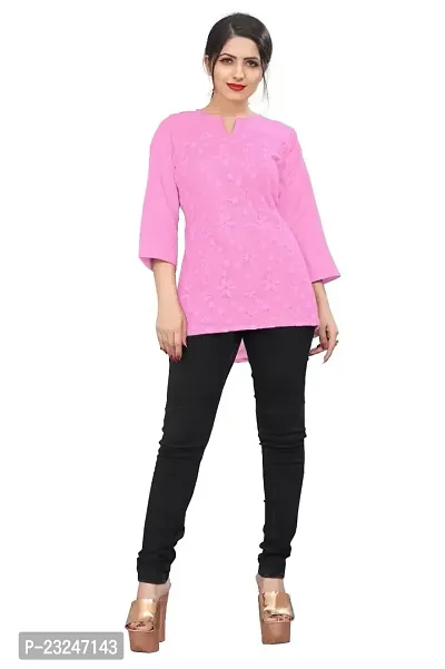 Citron Women's Slub Cotton Western Style Short Sleeve Lightweight Breathable Embroidered Tunic Top (TUNIC-Pink -L)