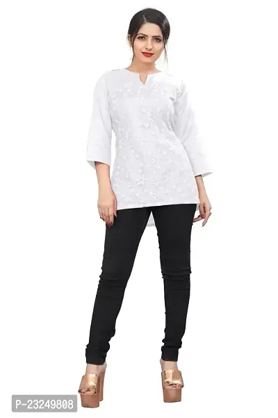 Citron Women's Slub Cotton Western Style Short Sleeve Lightweight Breathable Embroidered Tunic Top (TUNIC-White -S)