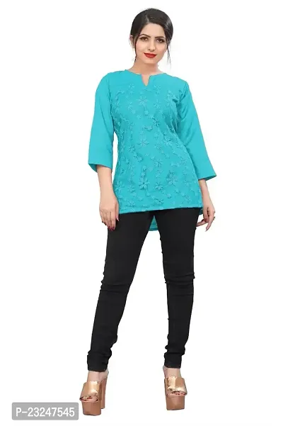 Citron Women's Slub Cotton Western Style Short Sleeve Lightweight Breathable Embroidered Tunic Top (TUNIC-Sky Blue -S)