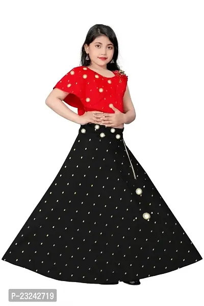 Arpel Girl's Jacquard Butti  Mirror Work Tafeta Silk With One Sided Sleeve Readymade Lehenga Choli (DC_101)-thumb5