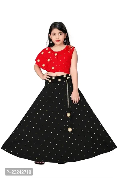 Arpel Girl's Jacquard Butti  Mirror Work Tafeta Silk With One Sided Sleeve Readymade Lehenga Choli (DC_101)