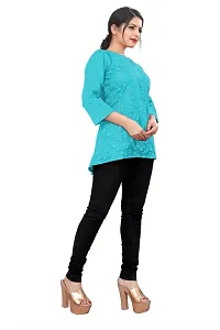 Citron Women's Slub Cotton Western Style Short Sleeve Lightweight Breathable Embroidered Tunic Top (TUNIC-Sky Blue -S)-thumb3