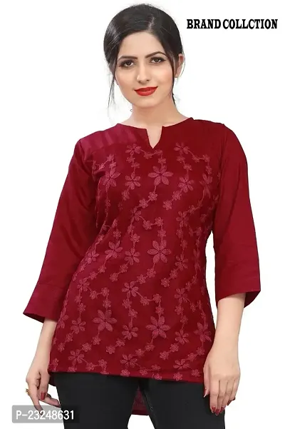 Citron Women's Slub Cotton Western Style Short Sleeve Lightweight Breathable Embroidered Tunic Top (TUNIC-Maroon -XL)-thumb2