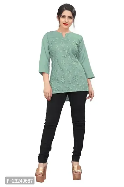 Citron Women's Slub Cotton Western Style Short Sleeve Lightweight Breathable Embroidered Tunic Top (TUNIC-Mint Green -M)