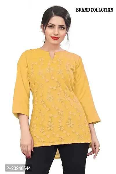 Citron Women's Slub Cotton Western Style Short Sleeve Lightweight Breathable Embroidered Tunic Top (TUNIC-Yellow -M)-thumb2