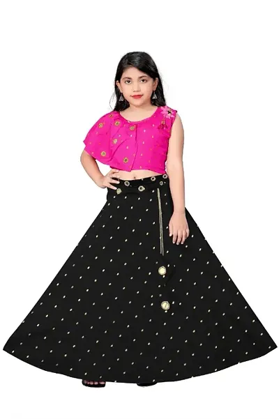 Love Girl's Tafeta Silk Jacquard Butti Mirror Work Sleeveless Readymade Lehenga Choli (9-10 Years) (Pink Blue)