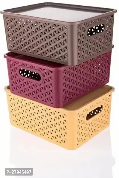 Plastic Multipurpose Solitaire Storage Basket with Lid Multicolor Storage Basket - Pack of 3-thumb0