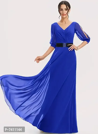 WOMEN ROYAL BLUE FIT AND FLARE WESTERN LONG MAXI DRESS WITH FASHION METAL BELT-thumb0