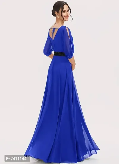 WOMEN ROYAL BLUE FIT AND FLARE WESTERN LONG MAXI DRESS WITH FASHION METAL BELT-thumb2