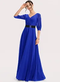 WOMEN ROYAL BLUE FIT AND FLARE WESTERN LONG MAXI DRESS WITH FASHION METAL BELT-thumb2