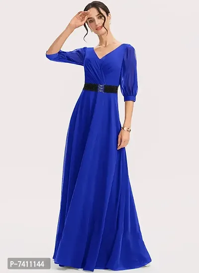 WOMEN ROYAL BLUE FIT AND FLARE WESTERN LONG MAXI DRESS WITH FASHION METAL BELT-thumb3