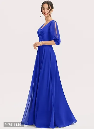WOMEN ROYAL BLUE FIT AND FLARE WESTERN LONG MAXI DRESS WITH FASHION METAL BELT-thumb4