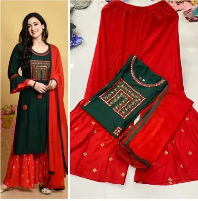 Beautiful Rayon Embroidered Kurta, Bottom and Dupatta Set For Women