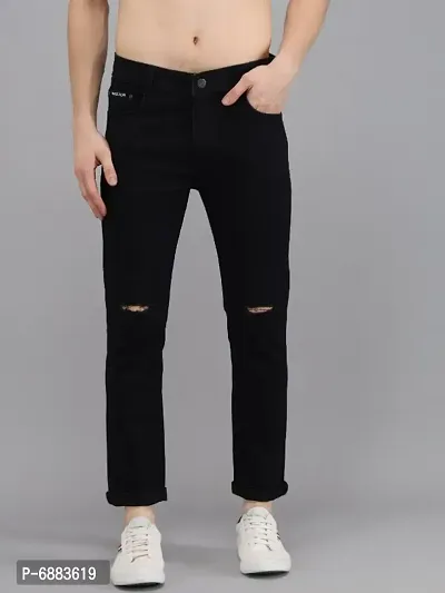 New Stylish Denim Slim Fit Black Knee Cut Jeans For Men-thumb0
