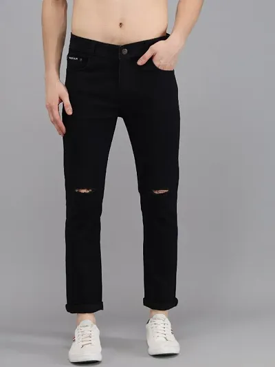 New Stylish Denim Slim Fit Black Knee Cut Jeans For Men