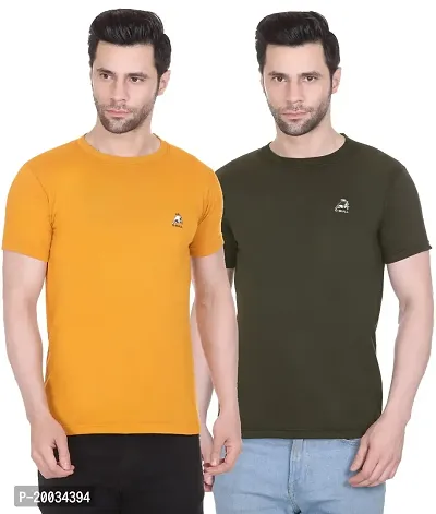 G-BULL Men's Plain Solid Regular Fit Half Sleeve Pure Cotton Casual Wear Pack of 2(2PCMUSTARD,Olive-M)-thumb0