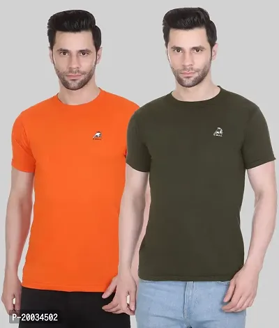 G-BULL Men's Plain Solid Regular Fit Half Sleeve Pure Cotton Casual Wear Pack of 2(2PCORANGE,Olive-XL)-thumb0