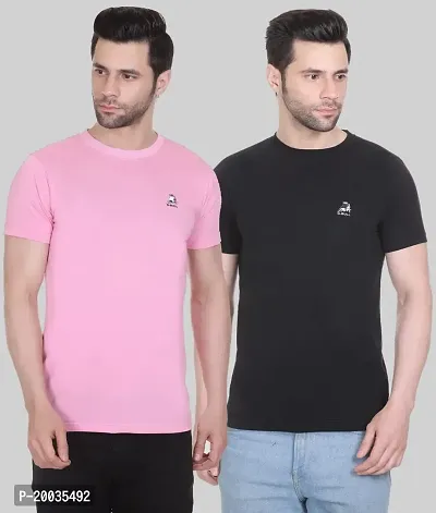 G-BULL Men's Plain Solid Regular Fit Half Sleeve Pure Cotton Casual Wear Pack of 2(2PCB.Pink,Black-M)-thumb0