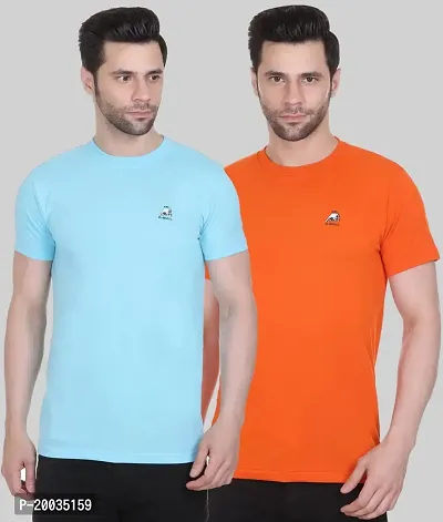 G-BULL Men's Plain Solid Regular Fit Half Sleeve Pure Cotton Casual Wear Pack of 2(2PCD.Sky,Orange-L)-thumb0