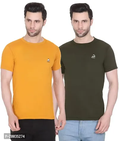 G-BULL Men's Plain Solid Regular Fit Half Sleeve Pure Cotton Casual Wear Pack of 2(2PCMUSTARD,Olive-L)