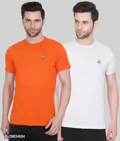 G-BULL Men's Plain Solid Regular Fit Half Sleeve Pure Cotton Casual Wear Pack of 2(2PCORANGE,White-L)-thumb0