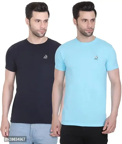 G-BULL Men's Plain Solid Regular Fit Half Sleeve Pure Cotton Casual Wear Pack of 2(2PCNAVY,D.Sky-L)-thumb0