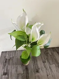 ROYAL SAPPHIRE Artificial Flowers Fake Lily's Bunch 5pcs Flowers with Leaves Real Touch with vase Pot for Home Office Corner Restaurant Centerpieces Decoration-(White)-thumb1