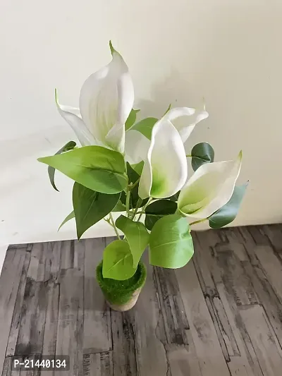 ROYAL SAPPHIRE Artificial Flowers Fake Lily's Bunch 5pcs Flowers with Leaves Real Touch with vase Pot for Home Office Corner Restaurant Centerpieces Decoration-(White)-thumb2