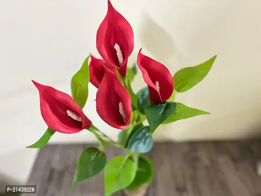 ROYAL SAPPHIRE Artificial Flowers Fake Lily's Bunch 5pcs Flowers with Leaves Real Touch with vase Pot for Home Office Corner Restaurant Centerpieces Decoration-(Red)-thumb2