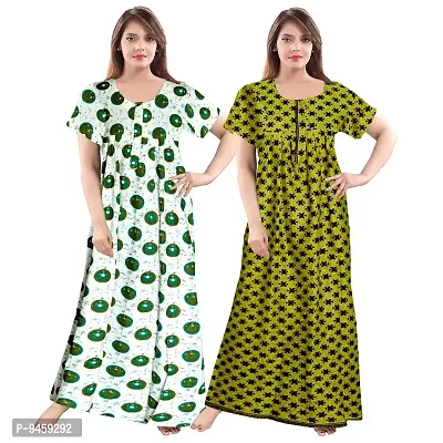 Fashion Fit Women's Pure Cotton Printed Front Zipper Comfortable Long Maxi Nightdresses ( Pack of 2 PCs.)-thumb0