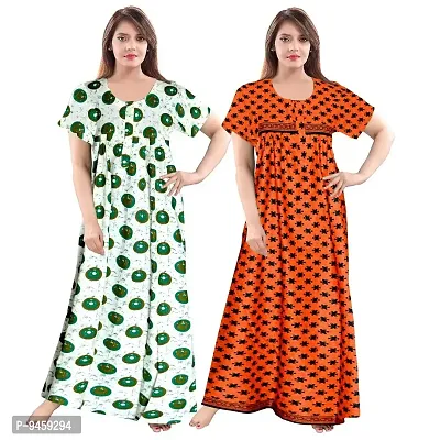 Fashion Fit Women's Pure Cotton Printed Front Zipper Comfortable Long Maxi Nightdresses ( Pack of 2 PCs.)-thumb0