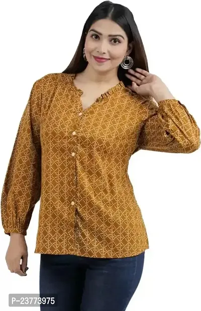 Shree Swaminath Fashion Women Top Bandhej Print Full Sleeves Cuff, Western Top with Firll Front Button-thumb0