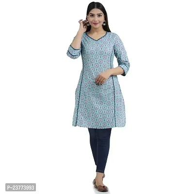 Shree SWAMINATH Fashion Women Flower Printed Blue Regular Fit Cotton 3/4 Sleeves Kurta