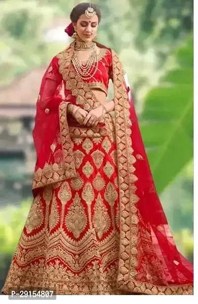 Stylish Red Cotton Silk Embroidered Lehenga Choli With Dupatta Set For Women-thumb0