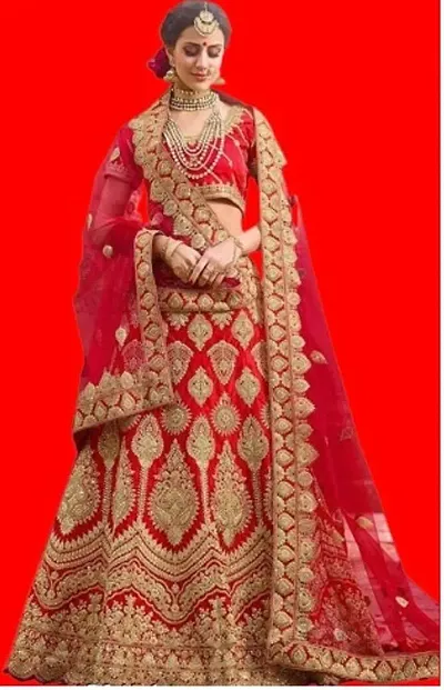 Shivganga Fashion Women's Taffeta::Velvet Embroidered Dulhan-Red Lehenga Round Neck Wedding & Festive::Party Red Lehenga Choli